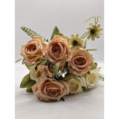   Rózsa csokor antikolt  margarétával 7 virágos krém-barack